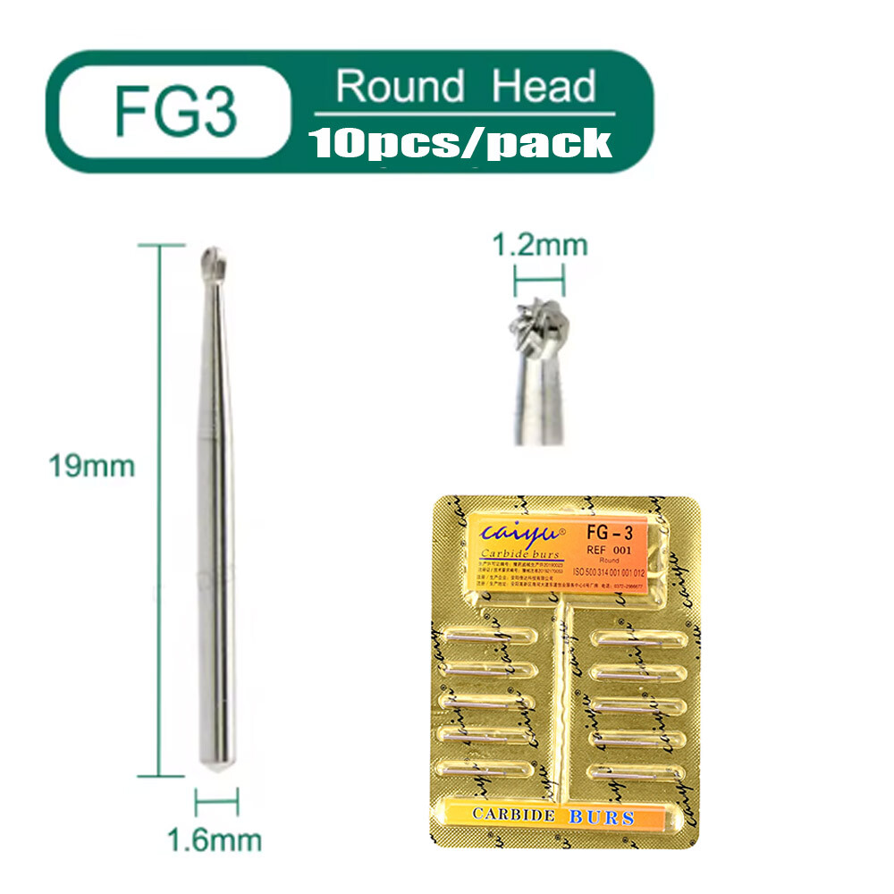 10× Dental Carbide Drill Bur Diamond FG 1.0-1.6mm Burs for High-Speed Handpieces