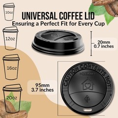 Pack Of 100, Black Disposable Coffee Cup Lids, Lids 10 oz Large,
