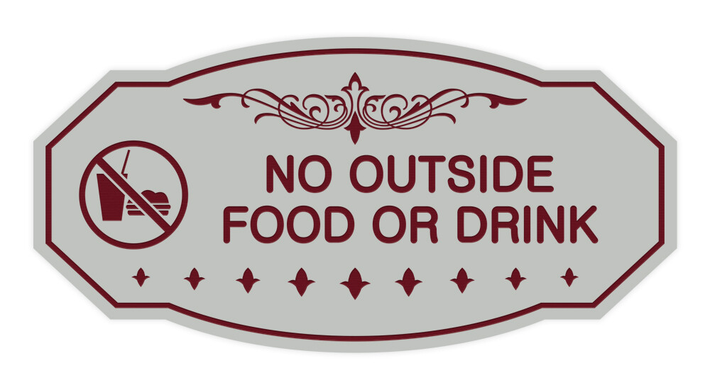 Victorian No Outside Food Or Drink Sign (Light Grey / Burgundy) – Small 3″ X 6″