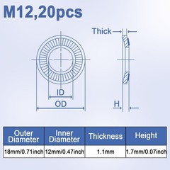 20 PCS M12 Double Side Lock Conical Washer 304 Stainless 12x18x1.1mm Thick Nut
