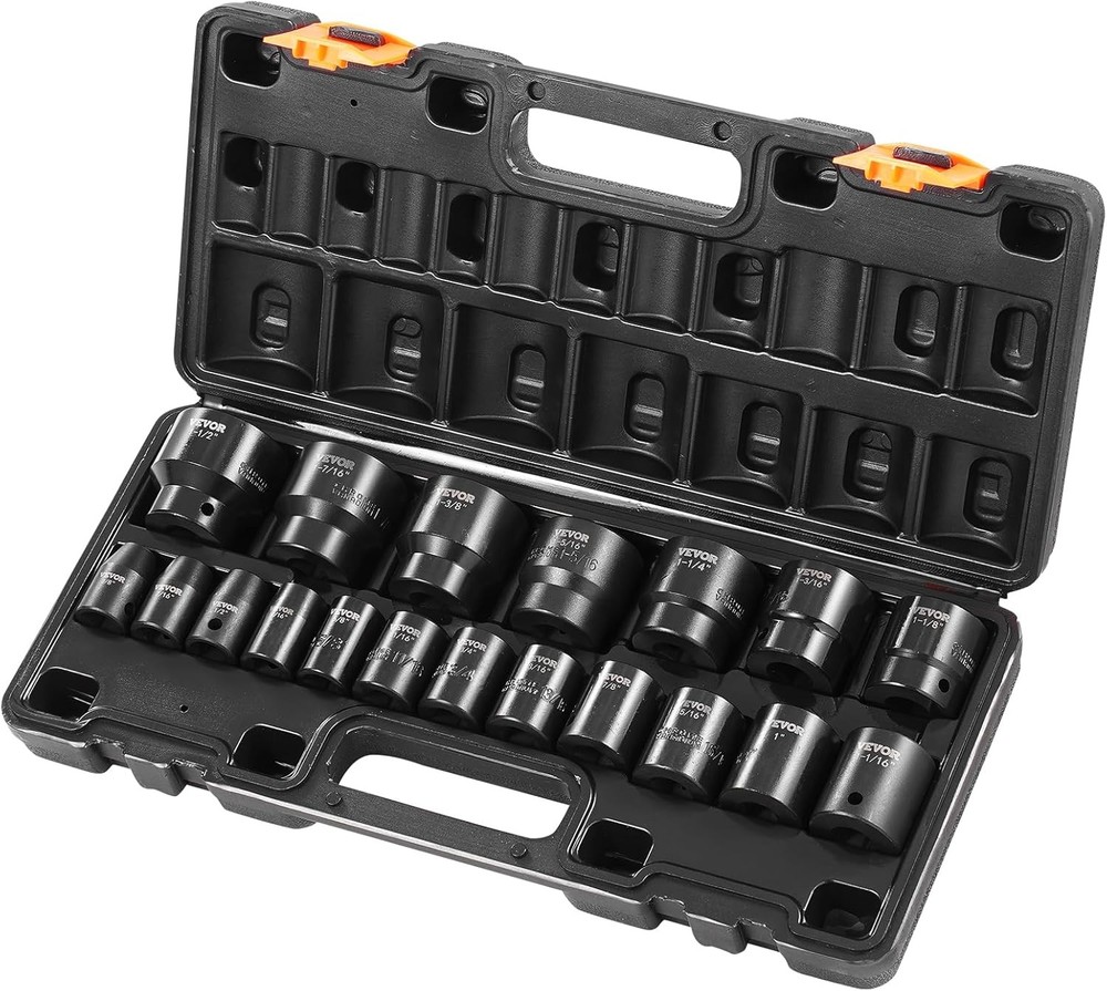 VEVOR Impact Drive Socket Set 1/2 Inches 19 Piece 1/2” SAE 19PC CR-V, Black