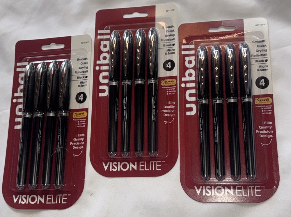 Lot of 12 Uniball Vision Elite Rollerball Pens 0.5mm Micro Point Black Ink – NEW