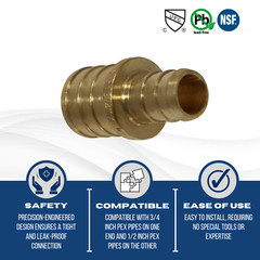50 Pcs. XFITTING 3/4″ x 1/2″ Pex Coupling, Pex Reducing Coupling 26-4-7=50