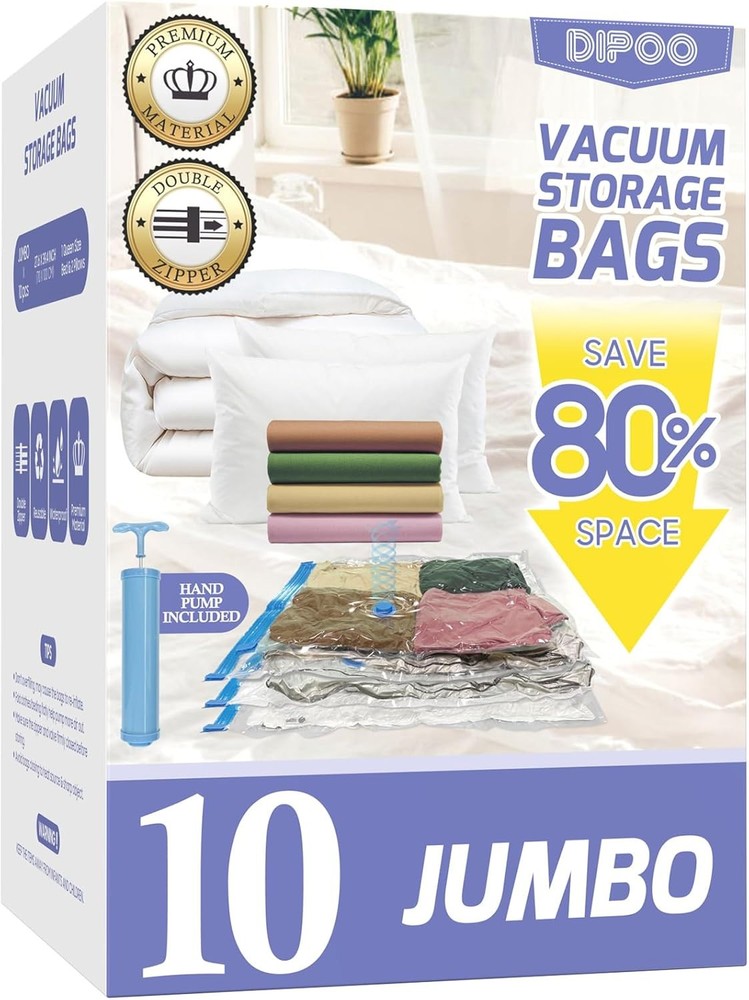 10 Pack Jumbo Vacuum Storage Bags with Hand Pump 80% Storage Space Saving Sturdy