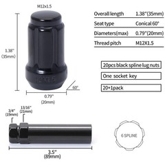 Acorn M12x1.5 Black Spline Lug Nuts – Set of 20, 12mm X 1.5 X 35mm,