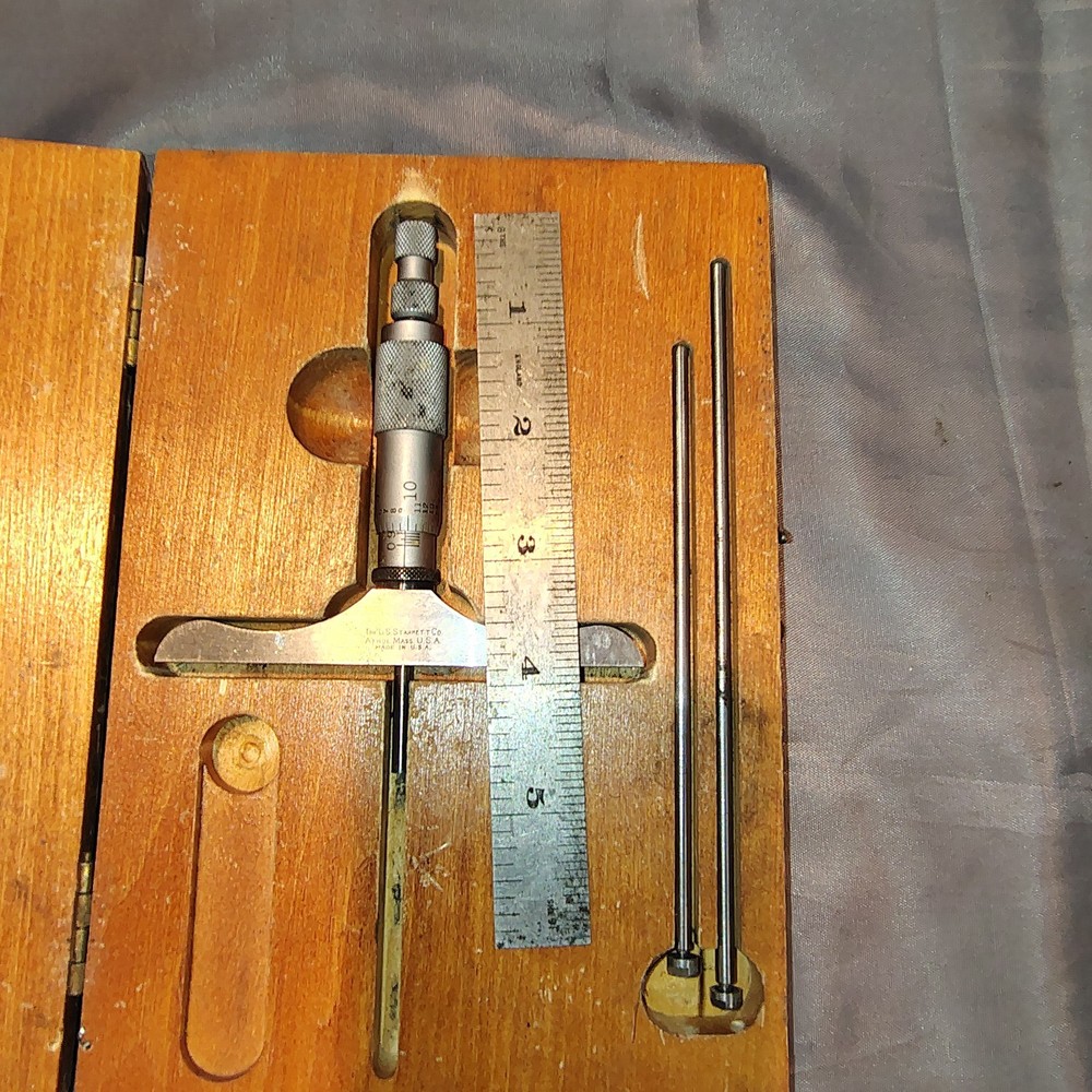 The L S Starrett Co. No. 445 Depth Micrometer 0 – 3″ With Wooden Box Vintage