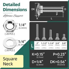 EASTPUK 60Pcs 1/4-20 Carriage Bolts Assortment Kit with Nuts and Washers, 304…