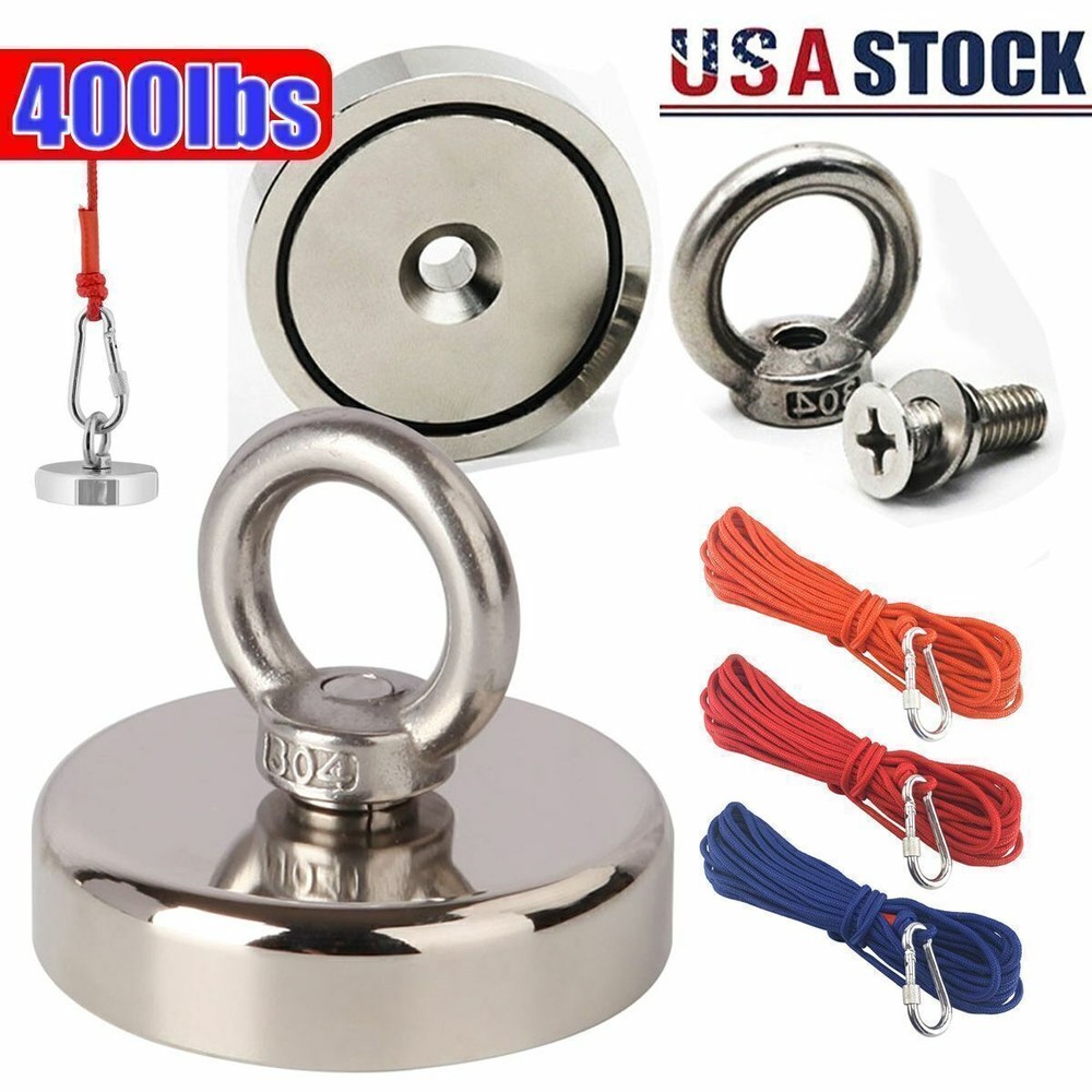 400 Lbs Fishing Magnet Kit Pull Force Strong Neodymium Rope Carabiner Hunting