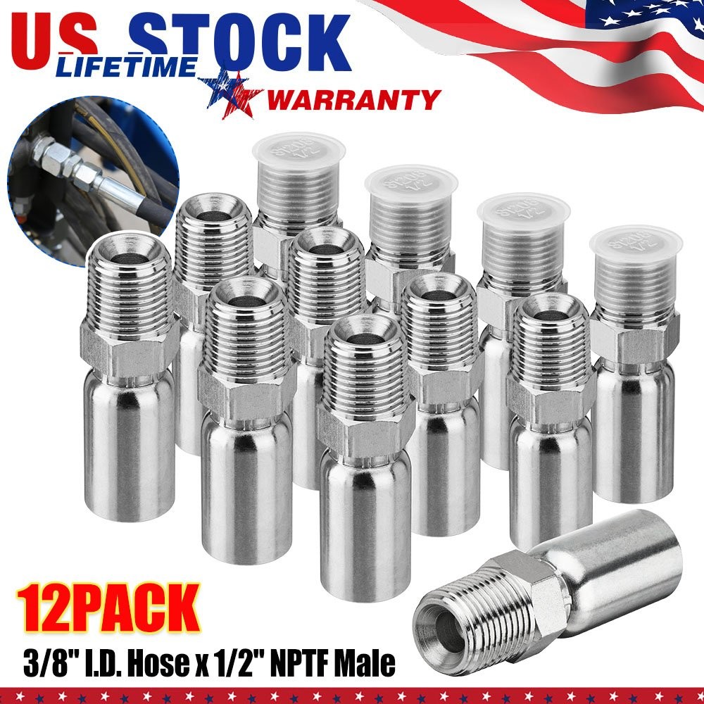 12 Pack 1/2″ NPTF Hydraulic Hose End Fittings 3/8″ I.D. Hose X 1/2″ NPTF Male US