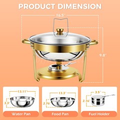 4 PCS 9Qt Round Chafing Dish Buffet Set 316 Stainless Steel Gold W/Glass Lids