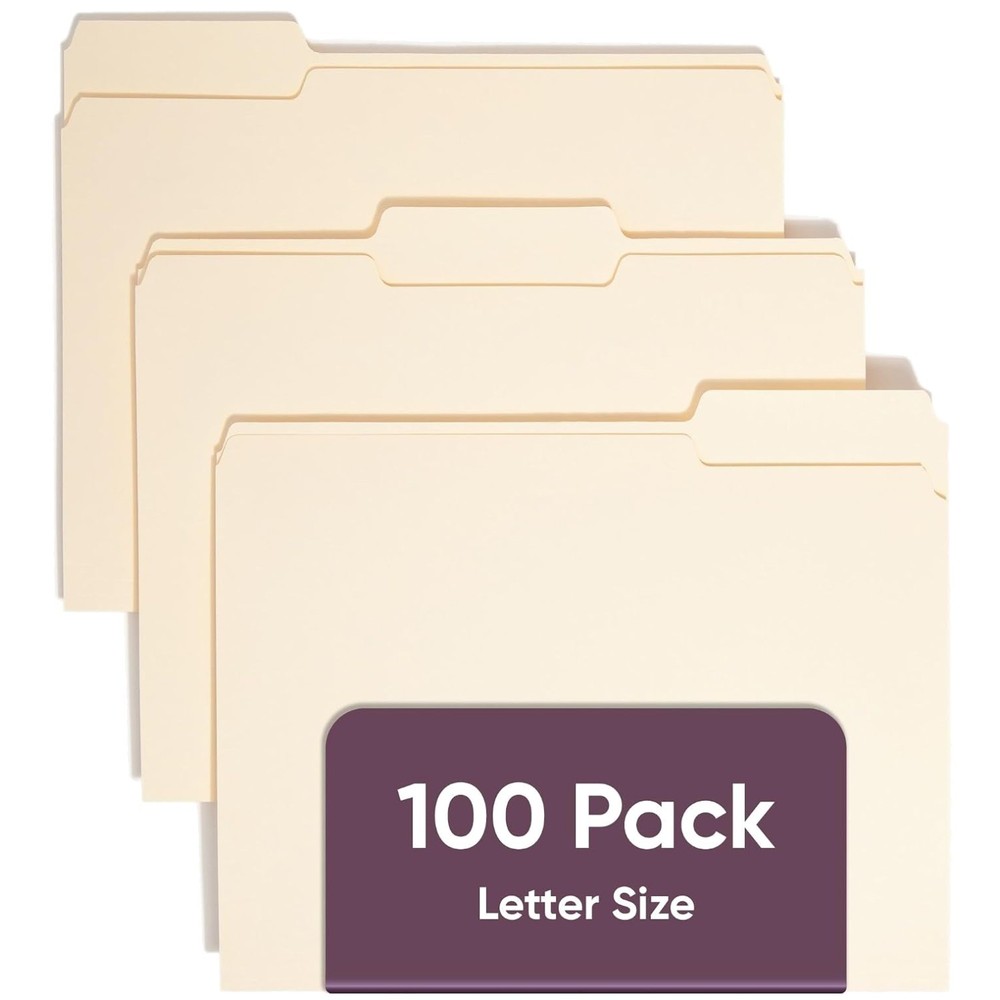 Letter Size Manila Folders, 1/3-Cut Tab, 100 Pack
