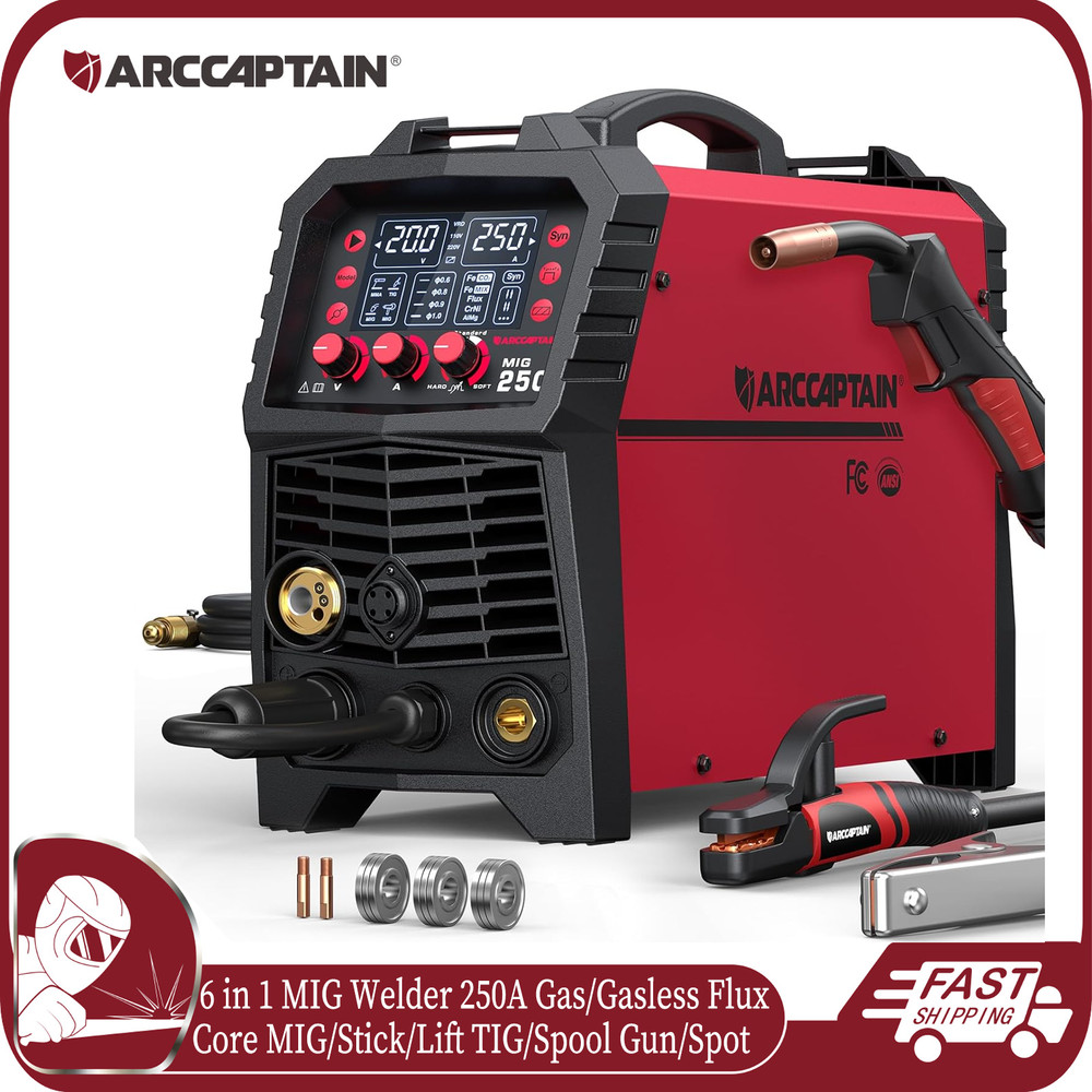 ARCCAPTAIN MIG Welder 250A 6 in 1 Aluminum LED Display Gas/Gasless MIG/Stick/TIG