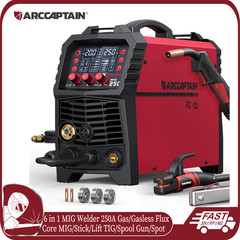ARCCAPTAIN MIG Welder 250A 6 in 1 Aluminum LED Display Gas/Gasless MIG/Stick/TIG