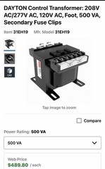 Dayton Control Transformer, 500 VA, 120V AC, 208/277V AC 31EH19 Minor blemish