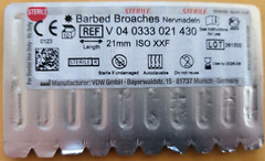 Dentsply Sirona VDW GmbH Sterile Barded Broaches 21mm XXF Yellow 10/PK Germany