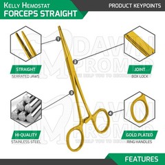 Kelly Hemostat Forceps 5.5″ Straight Full Gold Surgical Instruments German Grade