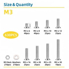 WZHUIDA 630 Pcs M3 Screws Assortment Kit, 630Pcs, Sliver
