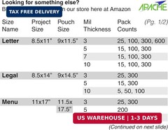 Apache Laminating Pouches 3 Mil, for 8.5 X 11 Inch Letter Size Paper 9 X 11.5 In
