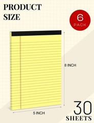 Yellow Note Pads 5×8 Small Legal Pads College Ruled Notepad for Office 6 Pack