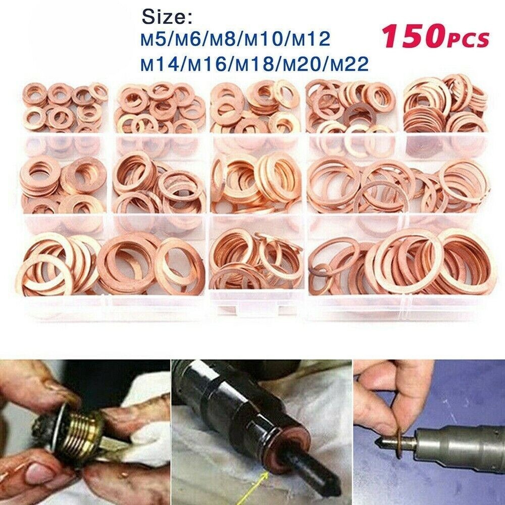 150x Copper Crush Washer Gasket Set Flat Ring Seal Assortment Kit For M5-M22 Kit