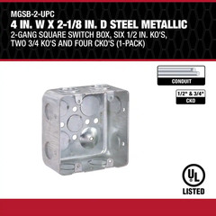 4 In. W X 2-1/8 In. D Steel Metallic 2-Gang Square Switch Box, Six 1/2 In. Ko’S,