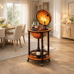 Mid-Century Retro Globe Bar Cart with Wheels & Antique World Map Design