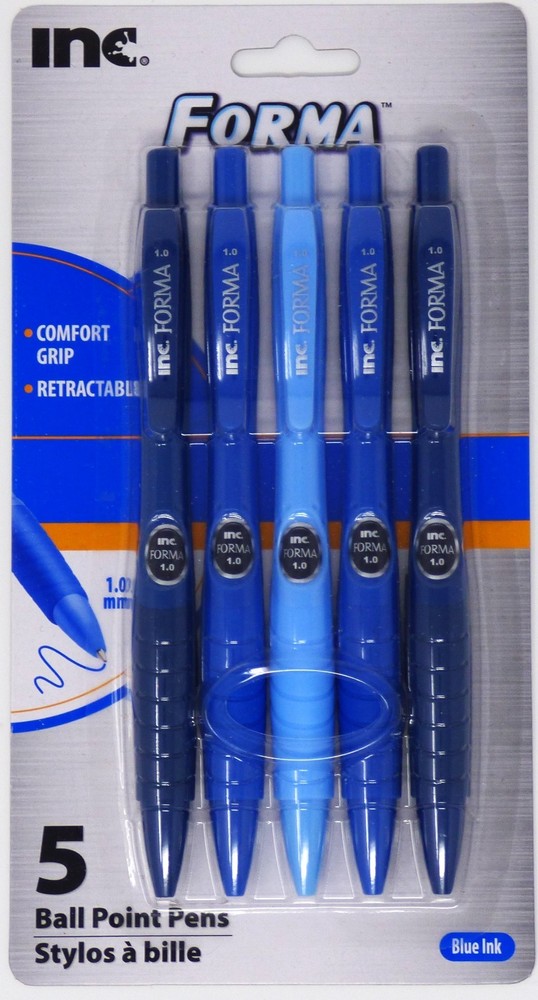 Inc. Forma Retractable Ball Point Pens 1.0 mm, 5 Assorted Blue Barrels(Blue Ink)