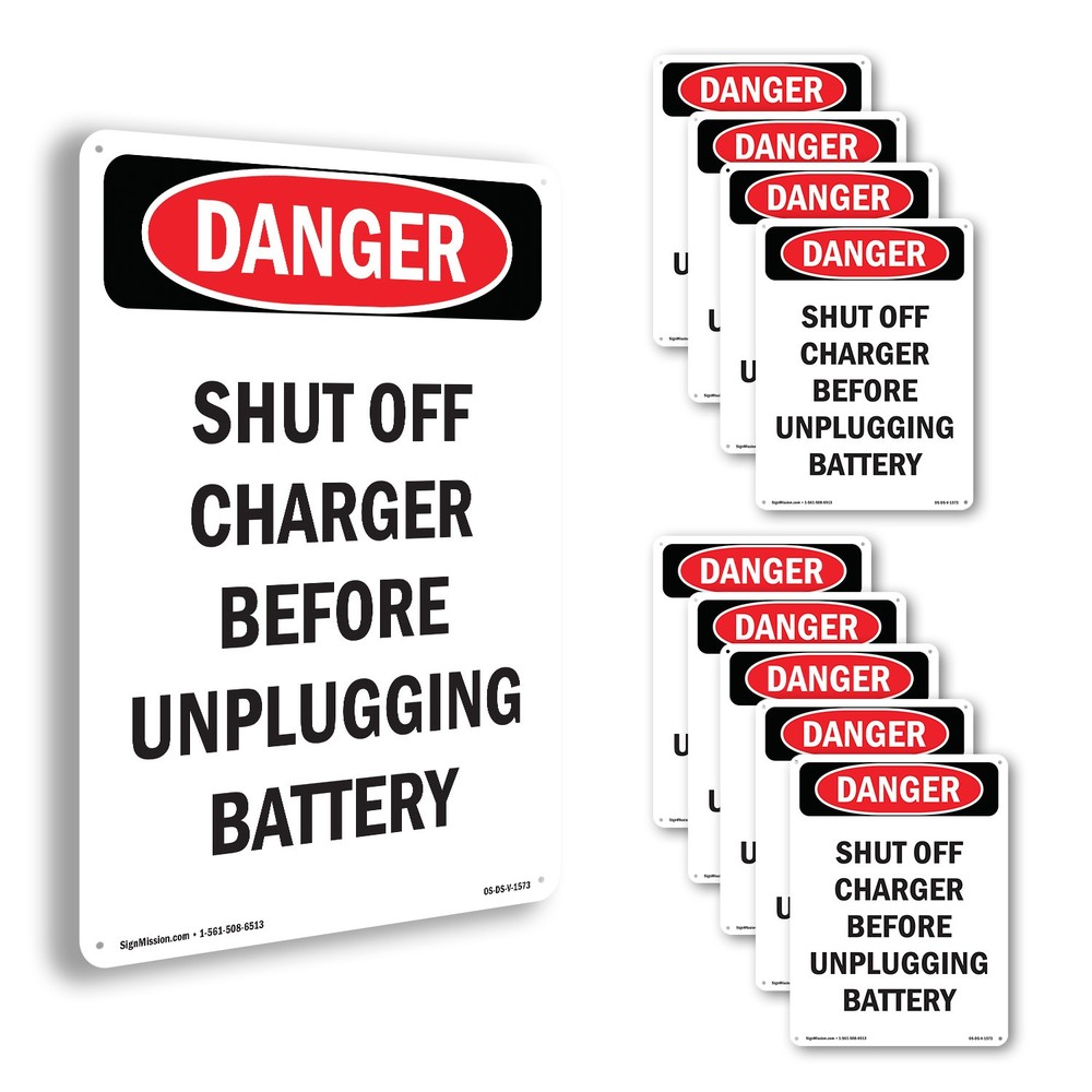 Portrait Shut Off Charger Before Unplugging OSHA Danger Sign, Decal 5 or 10 Pack