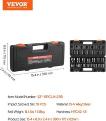 VEVOR Impact Drive Socket Set 1/2 Inches 19 Piece 1/2” SAE 19PC CR-V, Black