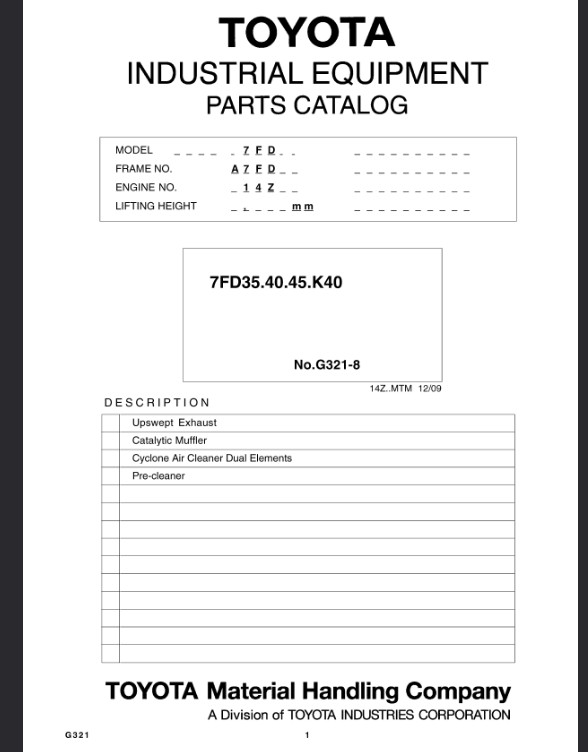Toyota Forklift 7FD35, 7FD40, 7FD45, 7FDK40 Parts Catalog Manual PDF USB