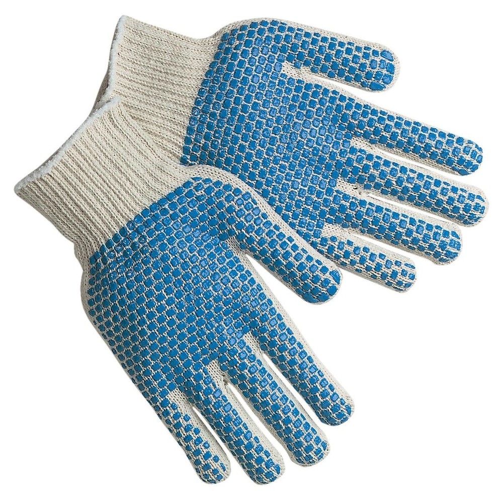 PVC Blocks Two Sided String Knit Gloves, Natural White/Blue, 20 Dozen