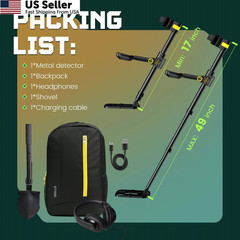 Metal Detector for Adults Waterproof – 2000mAh Chargeable Professional BLACK