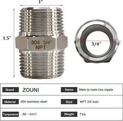 4PCS Hex Nipple 3/4″ Male X 3/4″ Male Pipe Fittings, 304 Stainless Steel 3/4 Inc