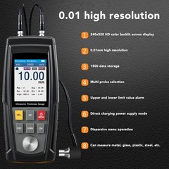 2.5MHz Ultrasonic Thickness Gauge Min/Max 1500 Sets Data Storage 0.04 – 11.81 in