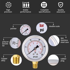 0-100 Psi Low Pressure Gauge, 2.5″ Dial Size, 1/4″ NPT Lower Mount, 304 Stain…