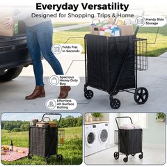 Collapsible Rolling Grocery Cart 88LB Load Capacity w/ Oxford Cloth Liner Black