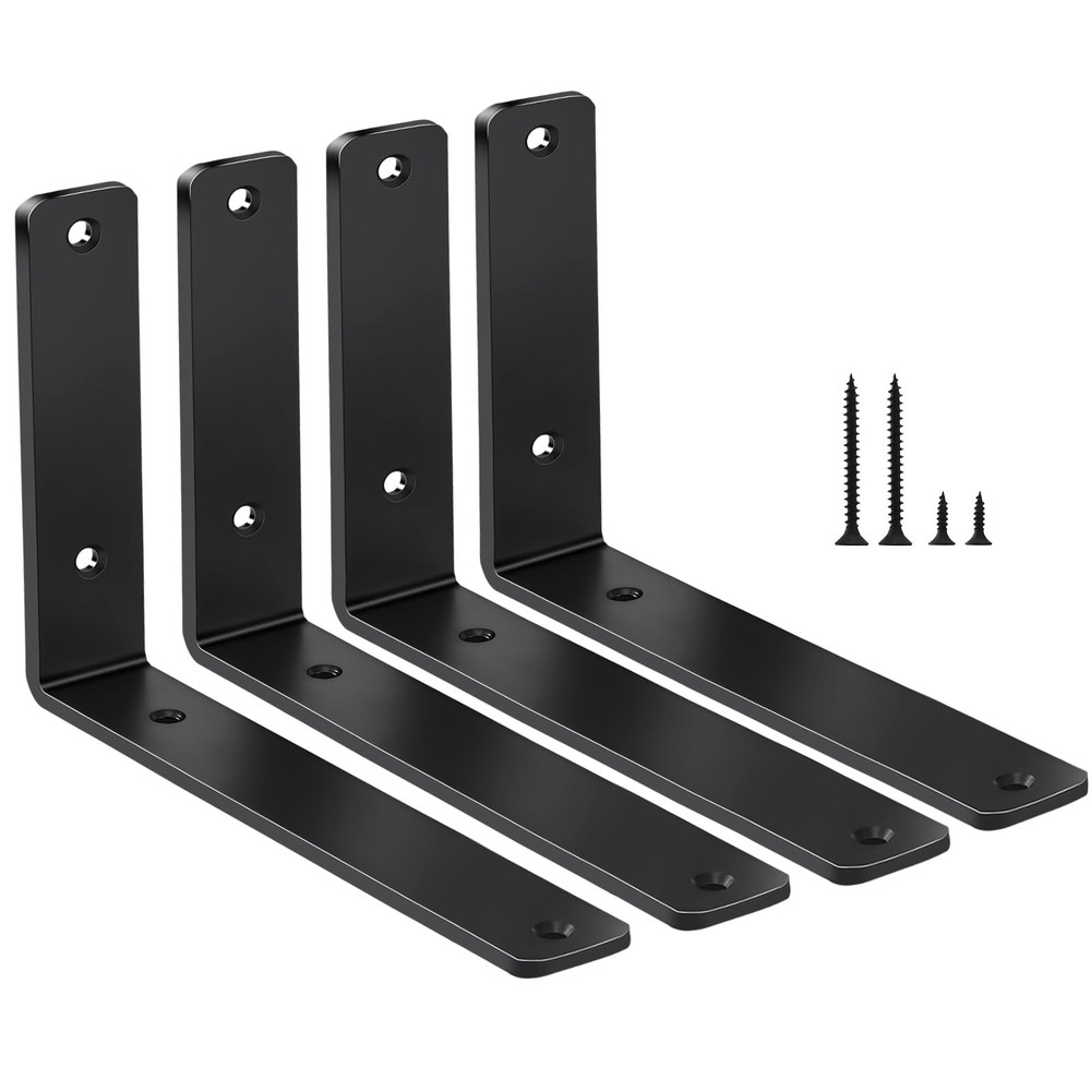 4 Pack – L 6″ x H 4″ x W1.5, 5mm Thick Black L Shelf Bracket, 6”x4”,