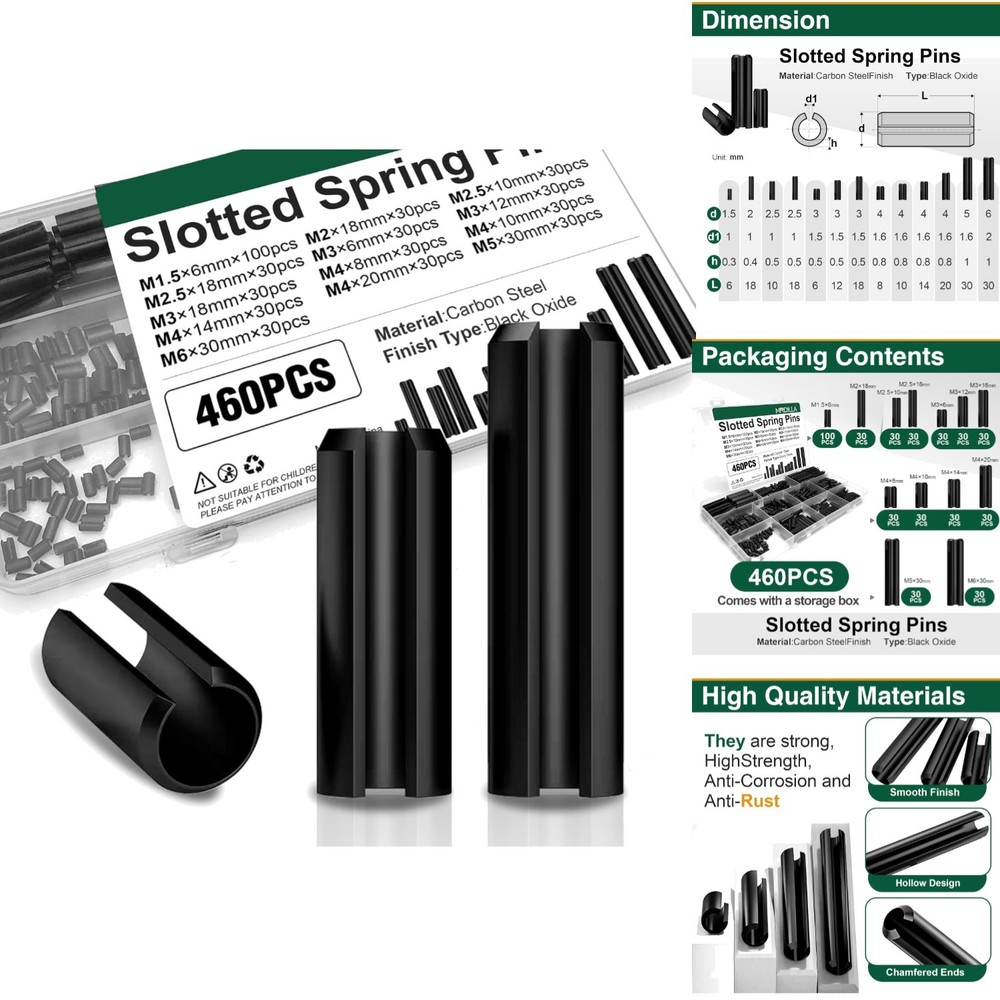 460pc Roll Pin Assortment – Metric Slotted Spring Pins M1.5-M6 Assort Kit Steel