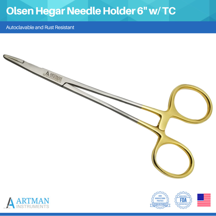 Olsen Hegar 6 Inches Needle Holder w/ Tungsten Carbide Gold Plated Handle ARTMAN