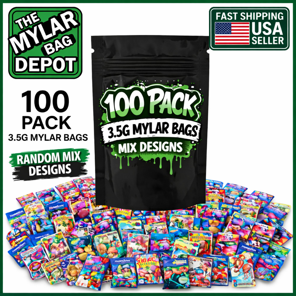 100 Pack 3.5g Mylar Bags Assorted Designs Smell Proof Resealable Zip Pouches