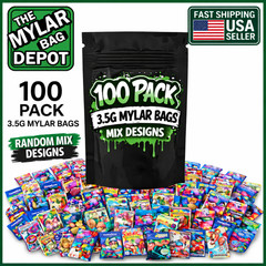 100 Pack 3.5g Mylar Bags Assorted Designs Smell Proof Resealable Zip Pouches