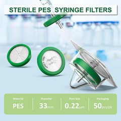 50Pcs Sterile PES Membrane Syringe Filter 33mm 0.22 Micron Chemistry Hydrophilic