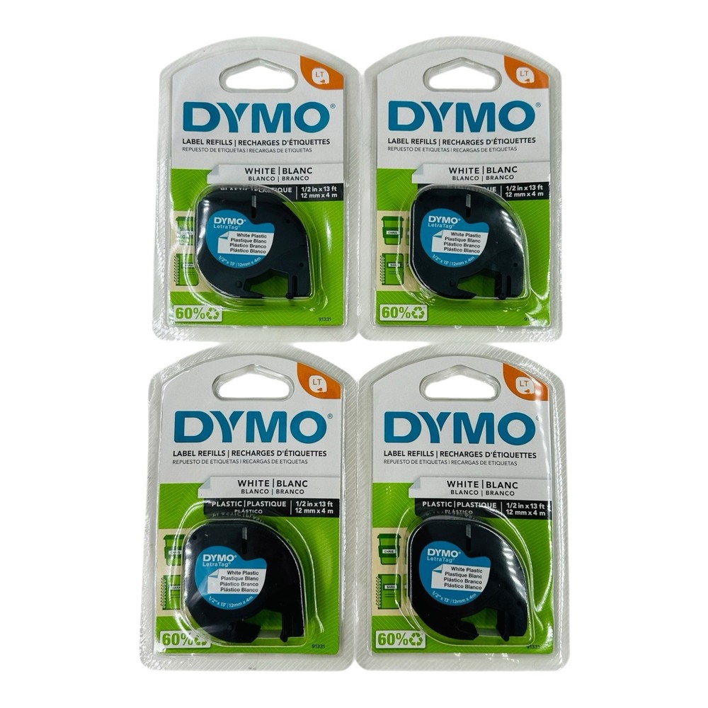 Lot of 4 Dymo LT White Plastic Label Refills 1/2″ x 13′ Dymo LetraTag 91331