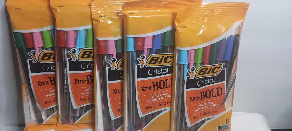 5 Pack Bic Cristal Xtra Bold Ballpoint Pens 1.6mm 8 Assorted Colors 40 Pens NEW