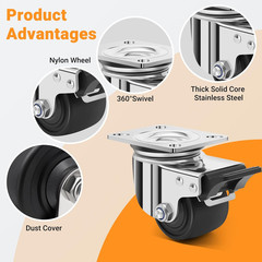 2.5 Inch Heavy Duty Stainless Steel Low Gravity Casters, SUS 304 Industrial Grad
