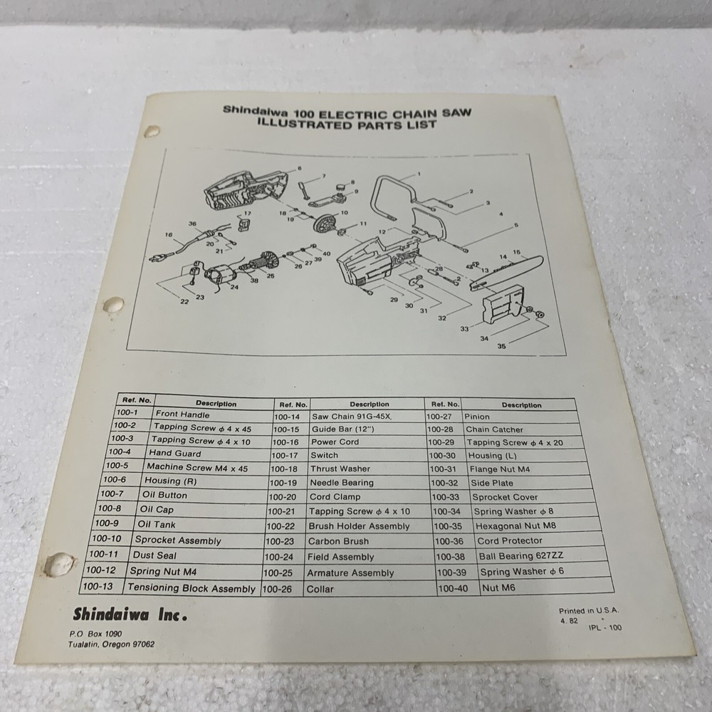 Shindaiwa 100 Electric Chainsaw Illustrated parts list original 1982