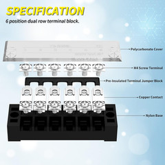 35A Terminal Block 6 Position Screw Terminal Strip Dual Row with Cover & 6 Posit