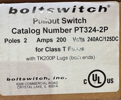 Boltswitch Pull Out Fusible Switch PT324-2P 240v 200 Amp 2 Pole Class T Fuse New