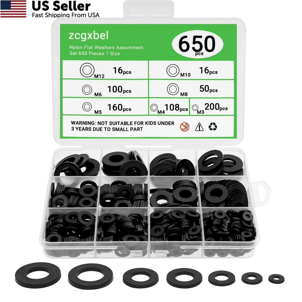 650-Pieces Nylon Flat Washer M3, M4, M5, M6, M8, M10, M12 millimeters, Black