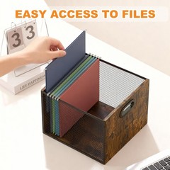 1 PCS Rustic Brown Wooden Hanging File Organizer Metal Mesh Desk Crate